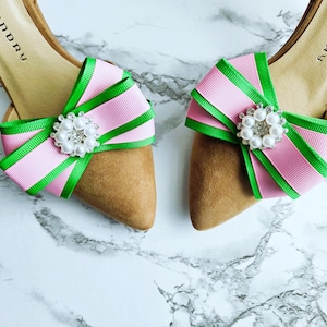 Pink and Green Bow Shoe Clips: Faux Pearl Rhinestone Accents, AKA, Sorority Gift, Akaversary