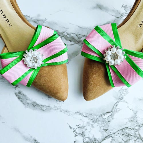 Clips de chaussures avec noeud rose et vert : accents de fausses perles strass, alias, cadeau de sororité, akaversary