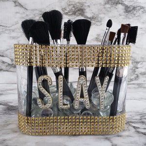 Handmade Rhinestone Makeup Brush Holder: Gold Vanity Decor