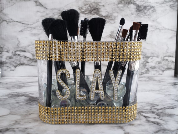 SLAY Rhinestone Make up Brush Holder, Glass Vase, Vase, Make up Room Decor,  Vanity Decor 