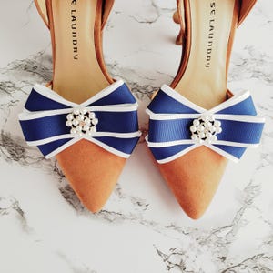 Blue & White Bow Shoe Clips with Faux Pearl Accent