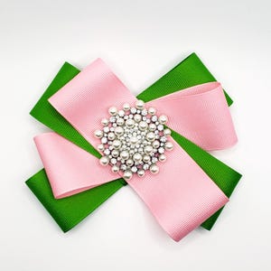 Pink and Green Bow Brooch: Grosgrain Ribbon with Faux Pearl Accent