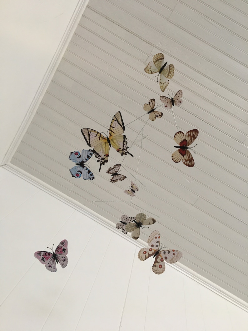 May include: A mobile featuring various butterfly designs in shades of white, cream, brown, pink, and blue. The butterflies are suspended from thin wires against a white, slatted ceiling, creating a whimsical, decorative accent.