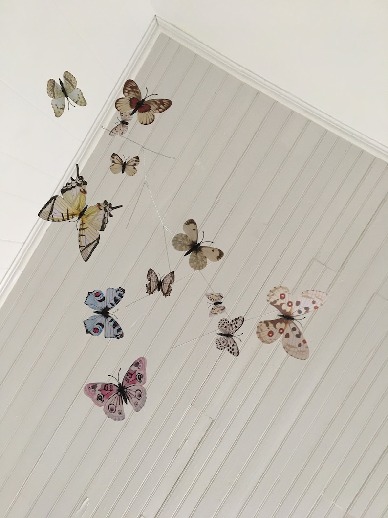 May include: A collection of decorative butterfly ornaments in various sizes and colors, suspended from the ceiling. The butterflies feature detailed wing patterns in shades of pink, brown, white, and blue, creating a whimsical, airy display.