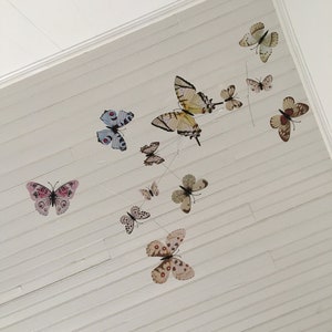 May include: A collection of decorative butterfly ornaments in various sizes and colors, suspended from thin wires against a white, slatted ceiling. The butterflies feature detailed wing patterns in shades of pink, blue, brown, and cream.