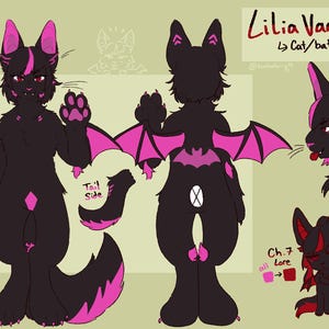 Pode incluir: Uma folha de referência de personagem para Lilia Vanrouge, um híbrido de gato e morcego. A ilustração mostra vistas frontal e traseira de uma criatura preta com detalhes em rosa choque, asas e cauda. Inclui perfil lateral, detalhe da cauda e uma pequena figura chibi.