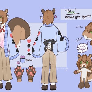May include: A character reference sheet for an Eastern grey squirrel named Alice, featuring a brown squirrel character in a light blue cardigan with card suit patterns, tan trousers, and brown shoes, including front and back views and headshots.