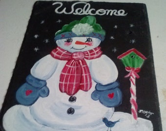 Painted Slate - Snowman with birdhouse *Personalized No Charge*