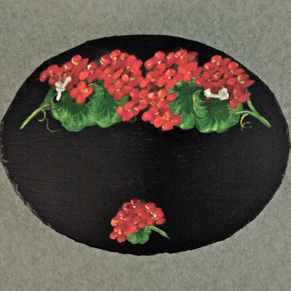 Painted Oval Slate - Red Geraniums *Personalized No Charge*