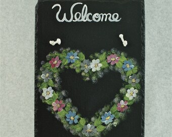 Painted Slate - Blue & Pink Floral Heart *Personalized No Charge*