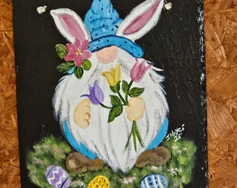Hand Painted Slate - Tulip Bunny Gnome *Personalized No Charge*