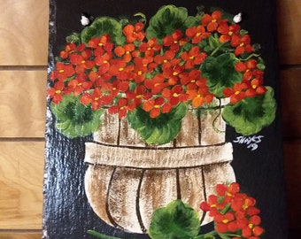 Painted Slate Red Geranium in Basket *Personalized at No Charge*