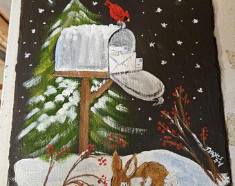 Winter Bird House with Cardinal and Bunny - Hand Painted Slate *Personalized at No Extra Charge*