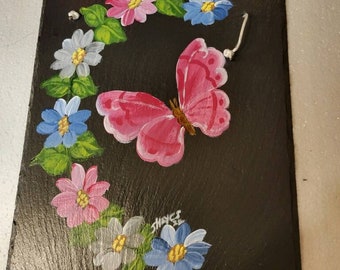 Hand Painted Slate - Pink Butterfly with Flowers *Personalized at No Extra Charge*