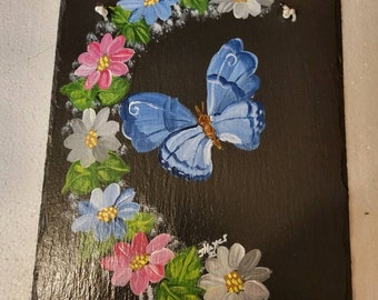 Hand Painted Slate - Blue Butterfly with Flowers *Personalized at No Extra Charge*