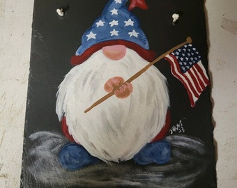 Painted Slate - Patriotic Gnome with US Flag