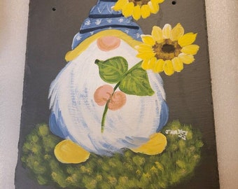 Painted Slate - Spring Gnome with Sunflower *Personalized No Charge*