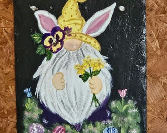 Hand Painted Slate - Daffodil Bunny Gnome *Personalized No Charge*