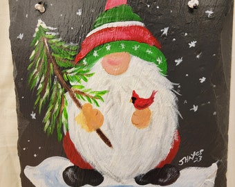 Painted Slate - Winter Gnome with Tree + Bird *Personalized No Charge*