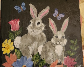 Painted Slate - Spring Bunnies *Personalized No Charge*