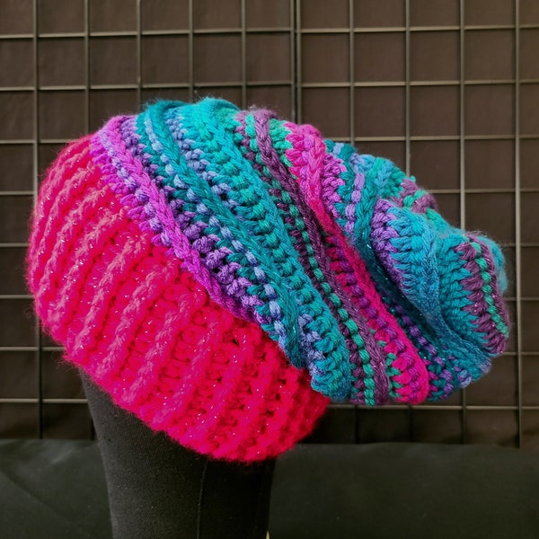 Crochet Slouchy Hat: pink and blue multi