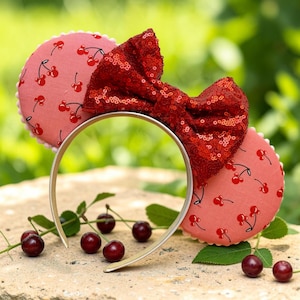 Mouse ears headband cherries pink theme park bow accessory handmade custom red sequins