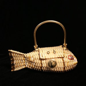 RARE metal plastic wicker basket vintage fish purse | mid century | wicker fish | kitschy | high end | rare vintage read description