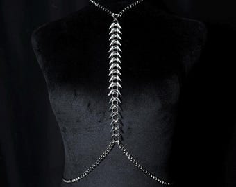 Collar arnés de malla metálica de acero inoxidable con vértebras puntiagudas, cinturón de cadena plateada, regalo, joyería de malla metálica