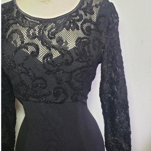 Vintage Lace Maxi Formal Dress, Floral Embroidery, Sheer Bodice, Goth Antique Gown, Black Cocktail