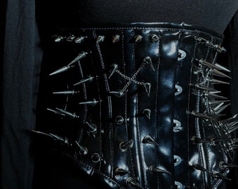 Goth PVC Spiked Leather Corset, Vinyl Black Gothic Underbust Punk Stud Rivets, Steel Boned Tight Lacing Faux Leather, Cosplay Fetishwear