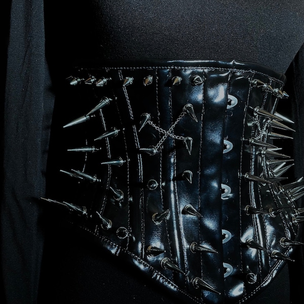 Goth PVC Spiked Leather Corset, Vinyl Black Gothic Underbust Punk Stud Rivets, Steel Boned Tight Lacing Faux Leather, Cosplay Fetishwear