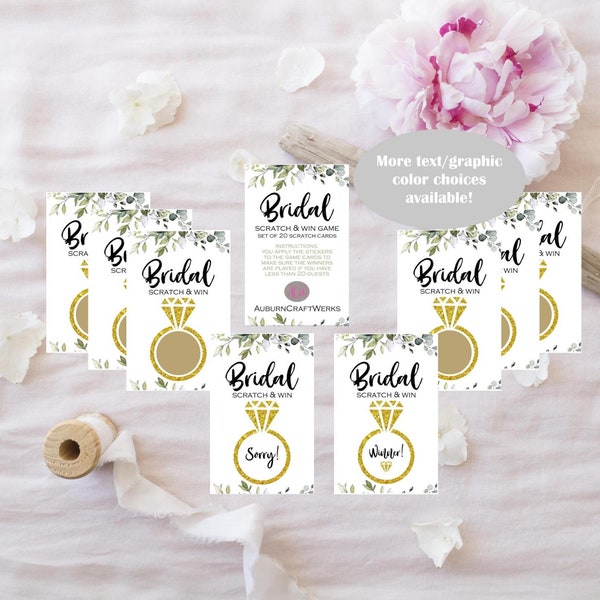 Pack of 20 Bridal Shower Card Games, Ring Scratch Off Game, Printed Eucalyptus Ring Scratch Off, Bridal Scratch & Win - Handmade BPERS