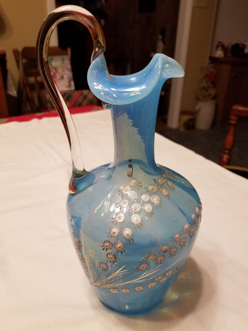 Early 20th Century Blown Glass 10" Tall Pitcher Vase Color Blue Exquisitely Done Applied Clear Handle Pontil Break Valentine s Day Gift early 20th century blown glass 10 tall ref= 2