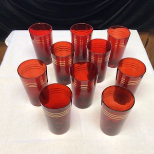 Rare 1930s Set of 10 Ruby Red Gold Banded (3 gold bands) Tumblers. Ex Cond for the age. Possibly Anchor Hocking. No Mfgs mark. Free Ship USA