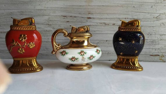 3 Vintage 40s 50s Evans Enameled Over Brass Tabletop Lighters All Very Nice Used Condition Instant Collection Free U S A