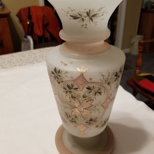 Victorian Bristol Glass 11&quot; Vase. Hand Blown. Pontil Break. Pink Decorations with Gold. Excellent Condition. Great Gift. Free Shipping U.S.A