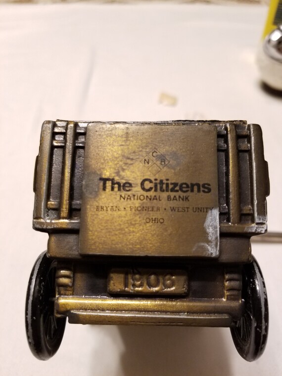Advertising Bank for The Citizens National Bank of Bryan, Pioneer West Unity, Ohio. Cast Metal. Coins Added via Bottom. Free Shipping USA.