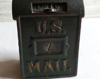 Vintage Early 20th Century Cast Iron Bank Depicting a Post Office Drop Box with a Slot. Possibly an A.C. Williams Original. Great Condition.