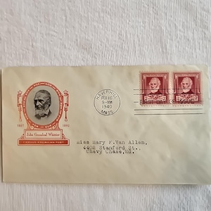 May include: An off-white envelope with a portrait of John Greenleaf Whittier and two 2-cent stamps. The envelope is postmarked from Haverhill, Massachusetts, dated February 16, 1940, and addressed to Miss Mary F. Van Allen.
