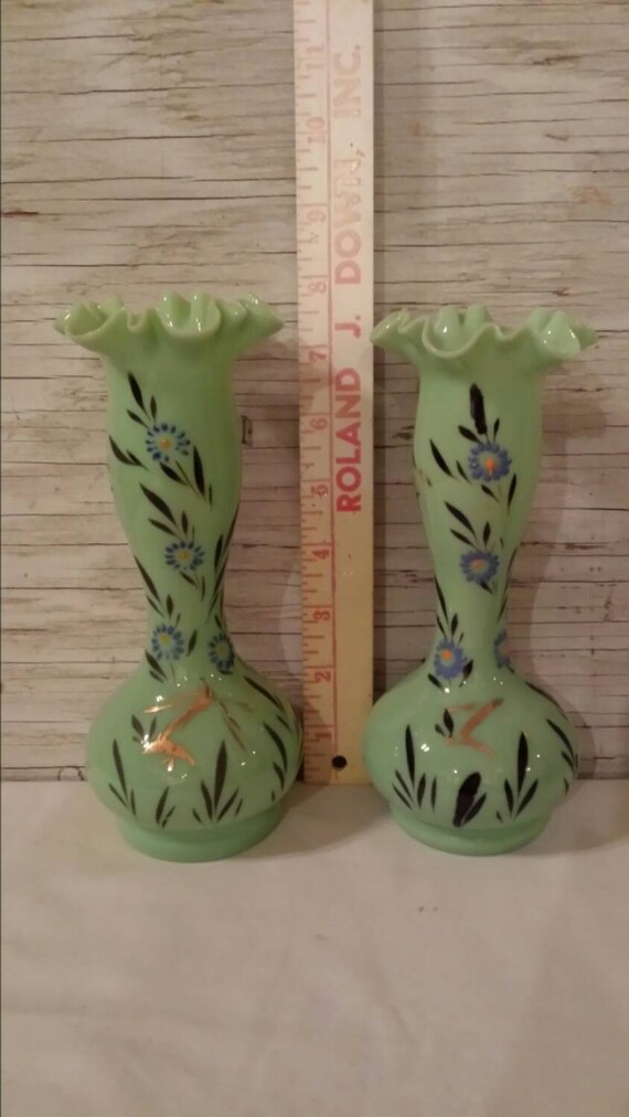 2 Beautiful Jadeite Blown Glass Vases Both Nicely Hand Etsy