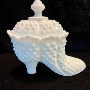 Vintage Fenton Hobnail Milk Glass Shoe. Shoe is Lidded. Can be a Candy Dish. Ex Cond. Clean. 65 Dollars. Free Shipping in the U.S.A.