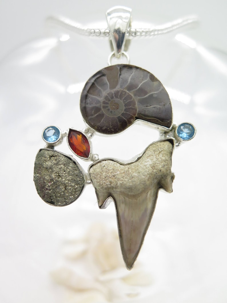 Ammonite Fossil Shark tooth Pyrite Garnet Sterling Silver Pendant and Chain