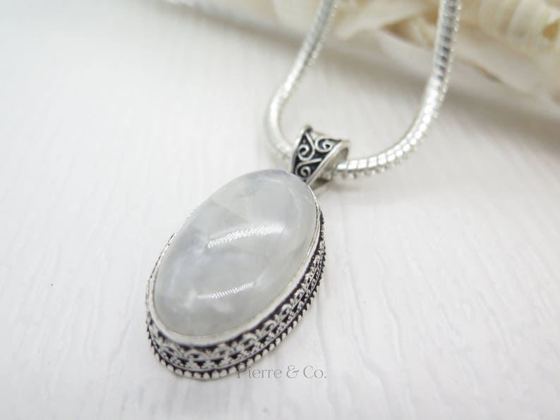 Antique rainbow Moonstone Sterling Silver Pendant and Chain