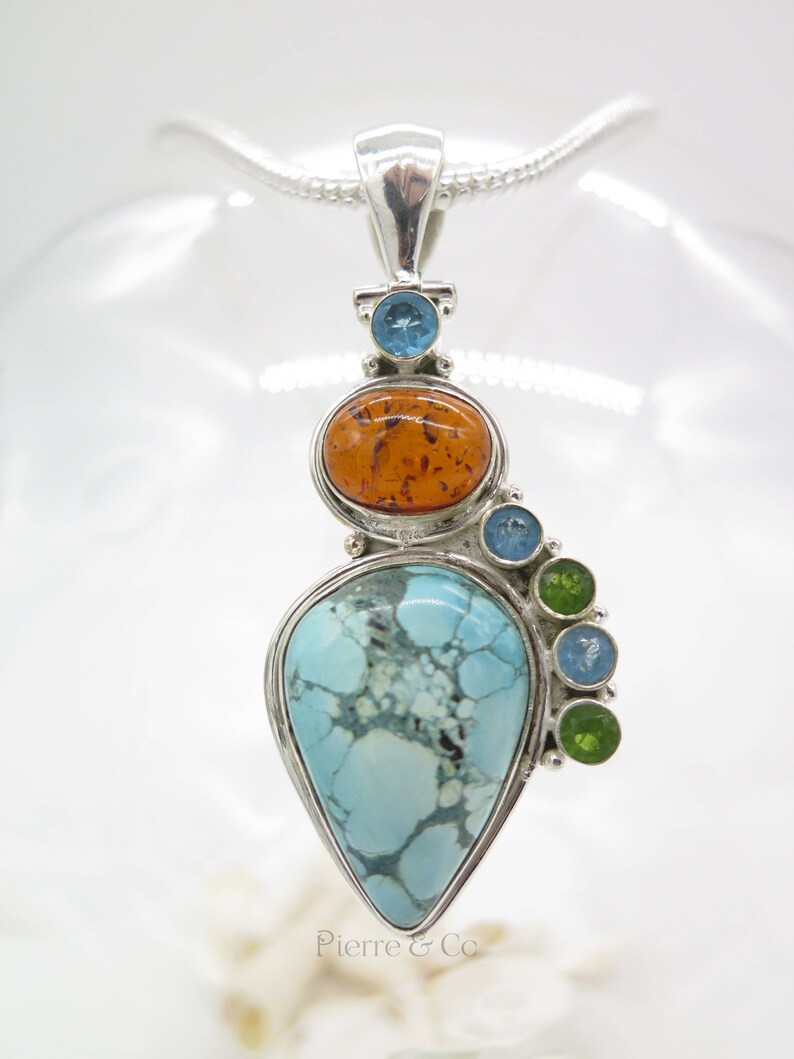 Tibetan Turquoise and Amber Sterling Silver Pendant and Chain