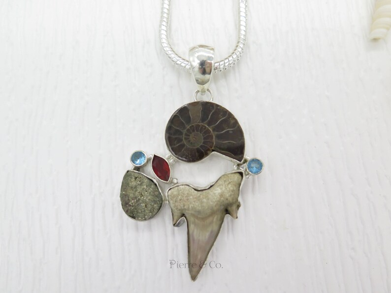 Ammonite Fossil Shark tooth Pyrite Garnet Sterling Silver Pendant and Chain