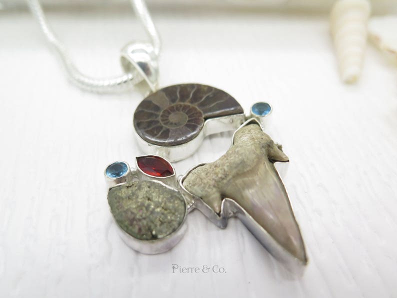 Ammonite Fossil Shark tooth Pyrite Garnet Sterling Silver Pendant and Chain