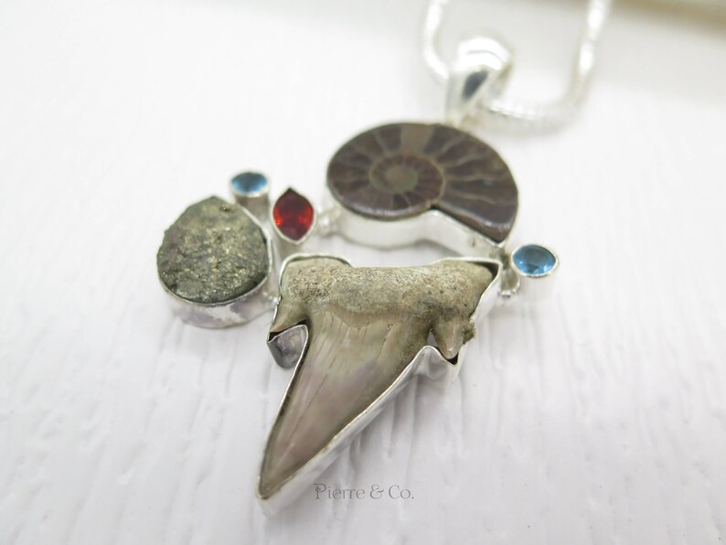 Ammonite Fossil Shark tooth Pyrite Garnet Sterling Silver Pendant and Chain