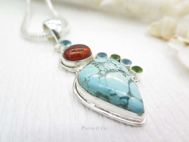Tibetan Turquoise and Amber Sterling Silver Pendant and Chain