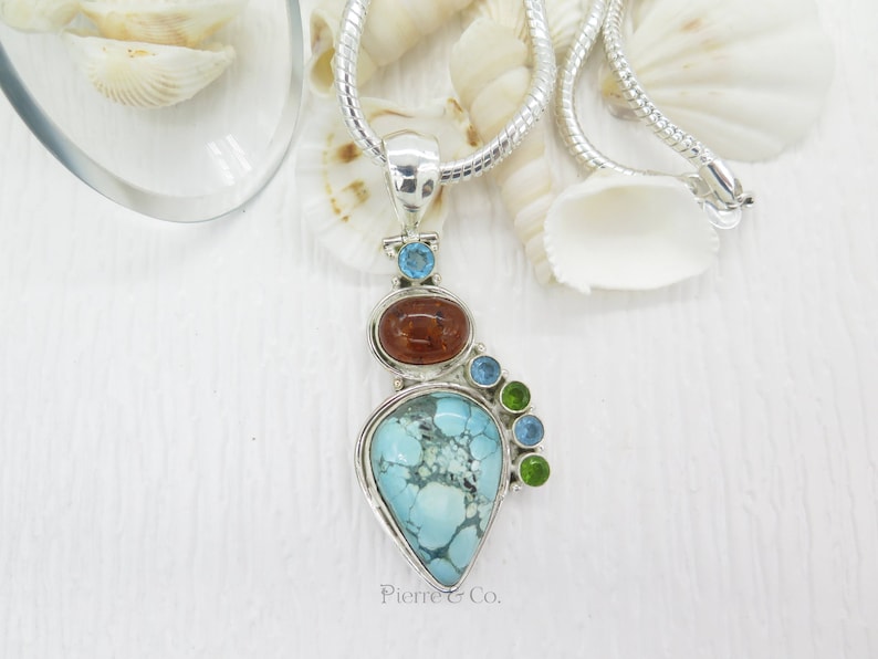 Tibetan Turquoise and Amber Sterling Silver Pendant and Chain