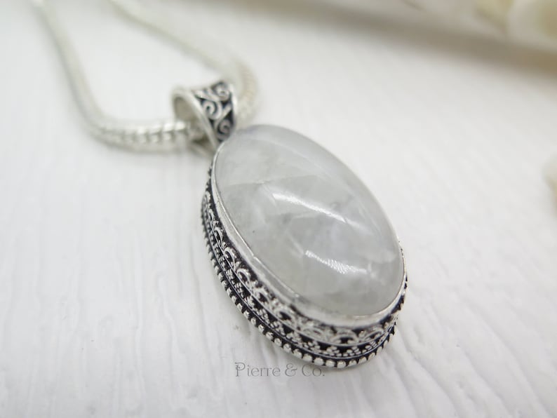 Antique rainbow Moonstone Sterling Silver Pendant and Chain